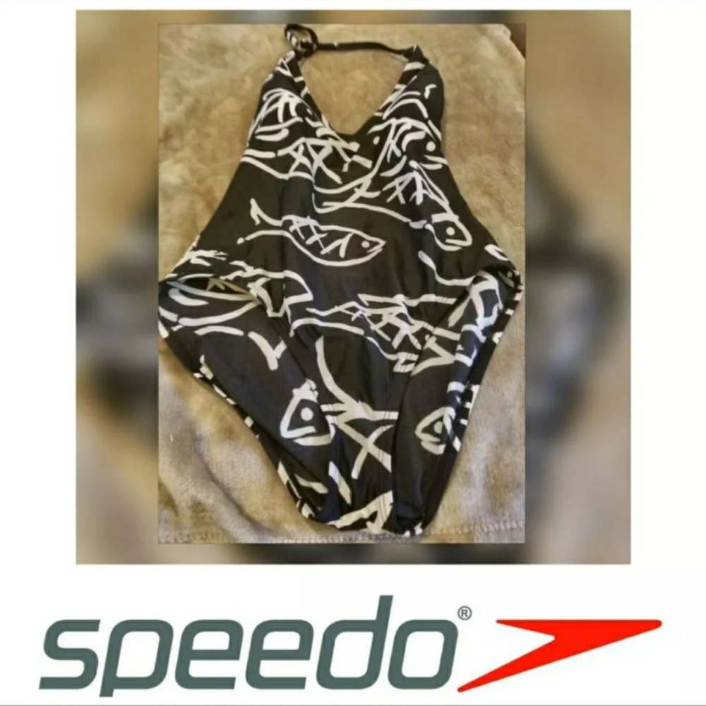 Speedo black and white halter one piece swimsuit